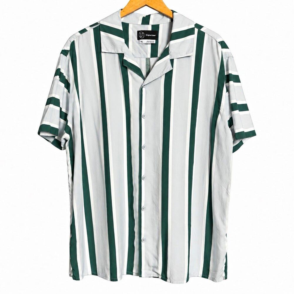 Original Use Men’s Striped Camp Collar Shirt XL Green Gray White Rayon